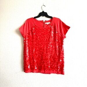 LOFT Red Sequin Short Sleeve Top